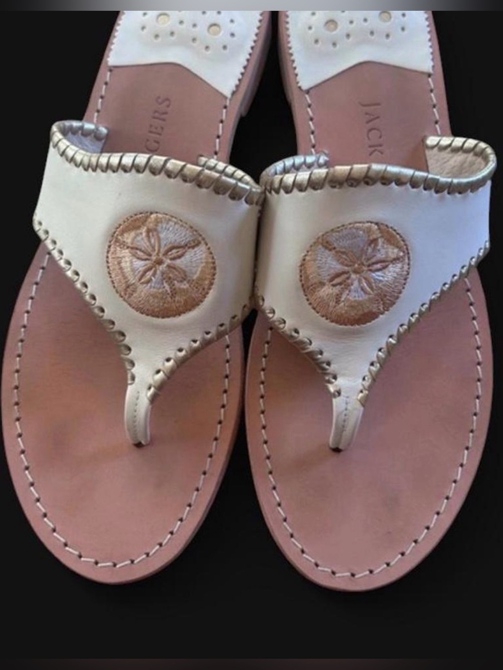 Jack Rogers White Leather Thong Sandals with Tan Medallion